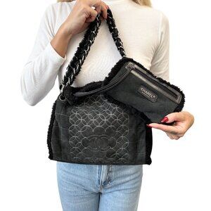 CHANEL Vintage Shearling Fur Shoulder Bag Pouch Mouton Black Chain CC [106436]